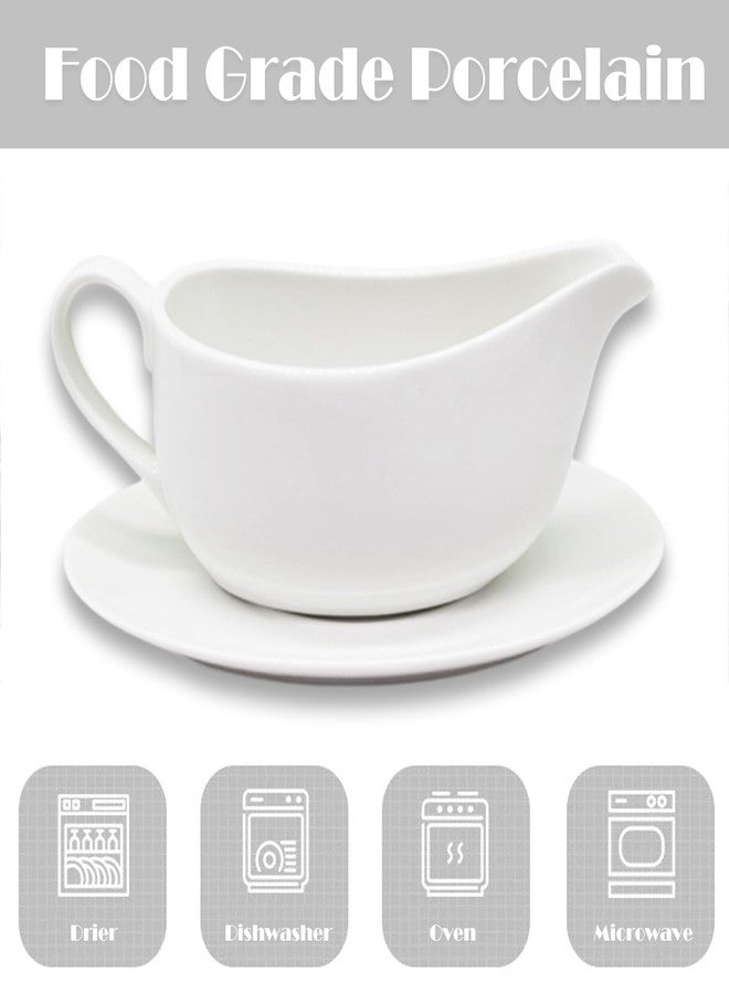 Cheardia 14 oz Gravy Boat with Tray, White Ceramic Sauce Boat with Ergonomic Handle and Big Dripless Lip Spout for Salad Dressings, Creamer, Broth, Black Pepper - Image 5